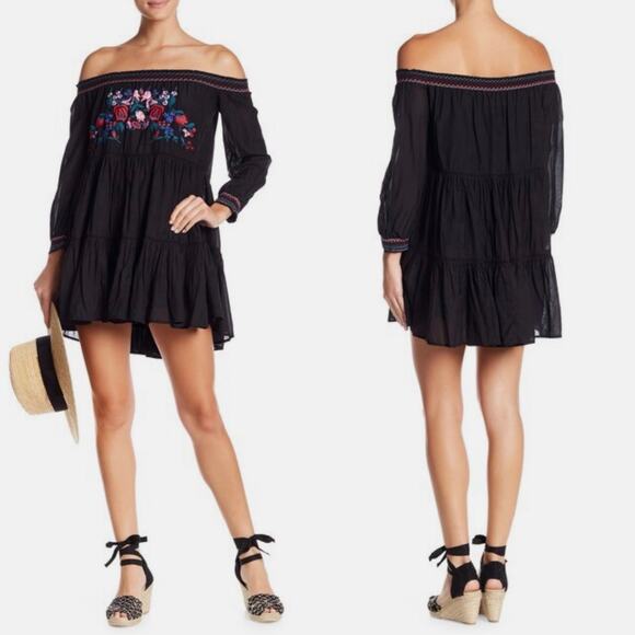 Free People Dresses & Skirts - FREE PEOPLE Womens Size S Sunbeams Minidress Black Embroidered Off Shoulders